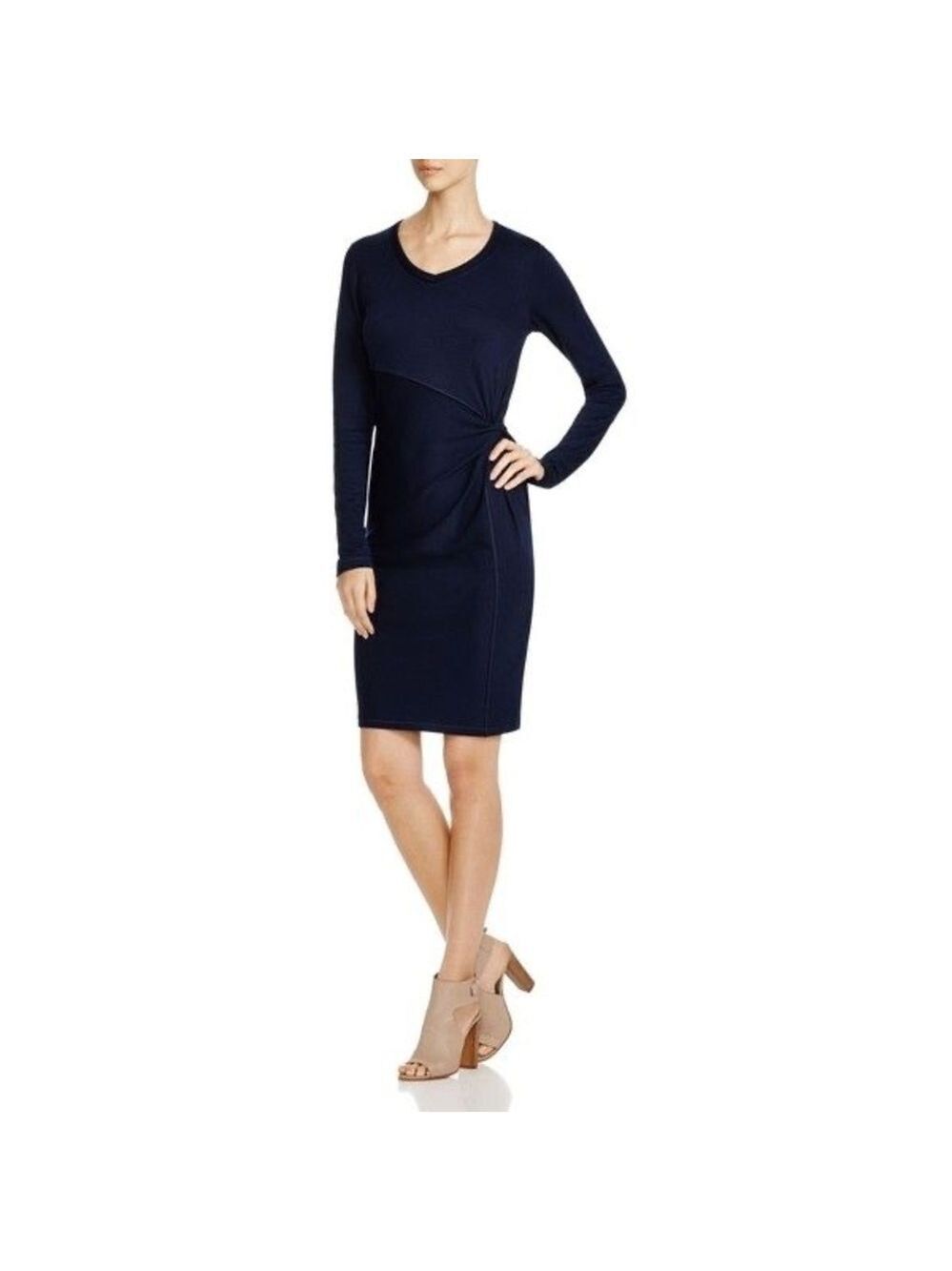 Elie Tahari Kyle Jersey Knit Knot Waist Long Sleeve Navy Blue Stretch Midi Dress
